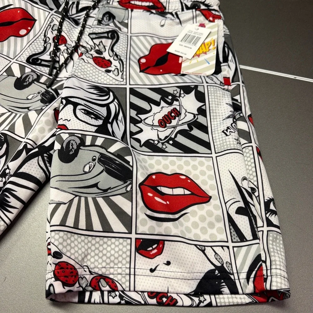 Drill Clothing Co. Men's Shorts Medium White Black Red Pop Art NWT